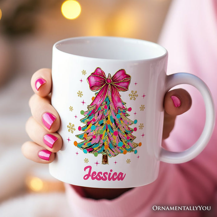 Colorful Glitter Christmas Tree Pink Bow Personalized Mug, Pink Bow Coquette Holiday Gift with Custom Name Personalized Ceramic Mug OrnamentallyYou