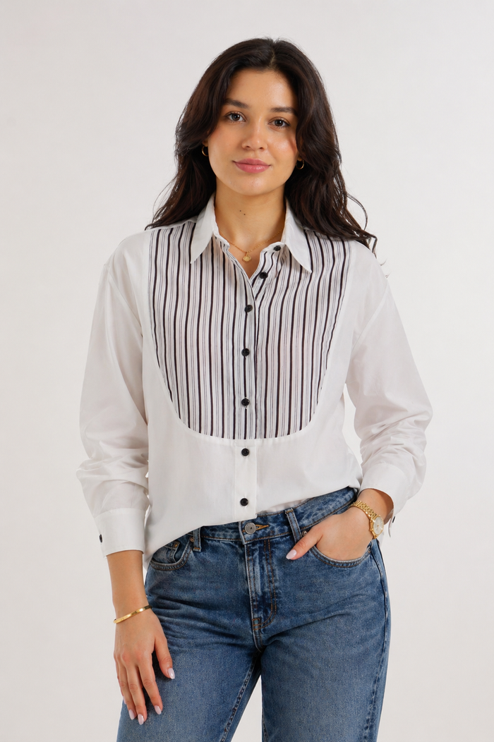 Contrasting Bib Striped Shirt