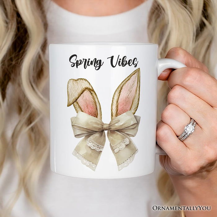 Coquette Bow Bunny Ears Personalized Mug, Aesthetic Spring Vibes Gift With Custom Name Personalized Ceramic Mug OrnamentallyYou