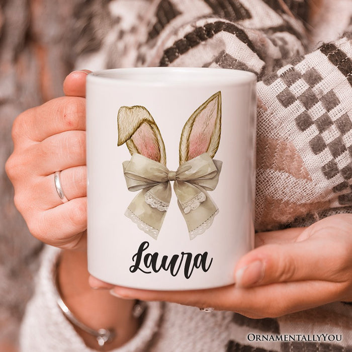 Coquette Bow Bunny Ears Personalized Mug, Aesthetic Spring Vibes Gift With Custom Name Personalized Ceramic Mug OrnamentallyYou