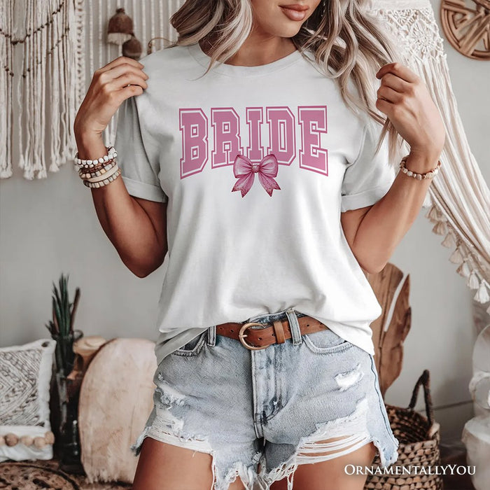 Coquette Bride T-Shirt, Pink Bow White Tee for Stylish Brides T-Shirts OrnamentallyYou