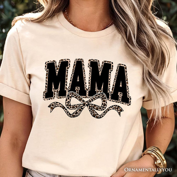 Coquette Leopard Mama T-Shirt, Retro Bow Varsity Tee for Trendy Moms T-Shirts OrnamentallyYou