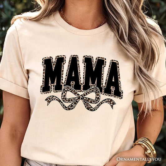 Coquette Leopard Mama T-Shirt, Retro Bow Varsity Tee for Trendy Moms T-Shirts OrnamentallyYou