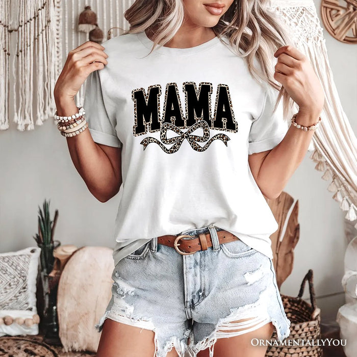 Coquette Leopard Mama T-Shirt, Retro Bow Varsity Tee for Trendy Moms T-Shirts OrnamentallyYou
