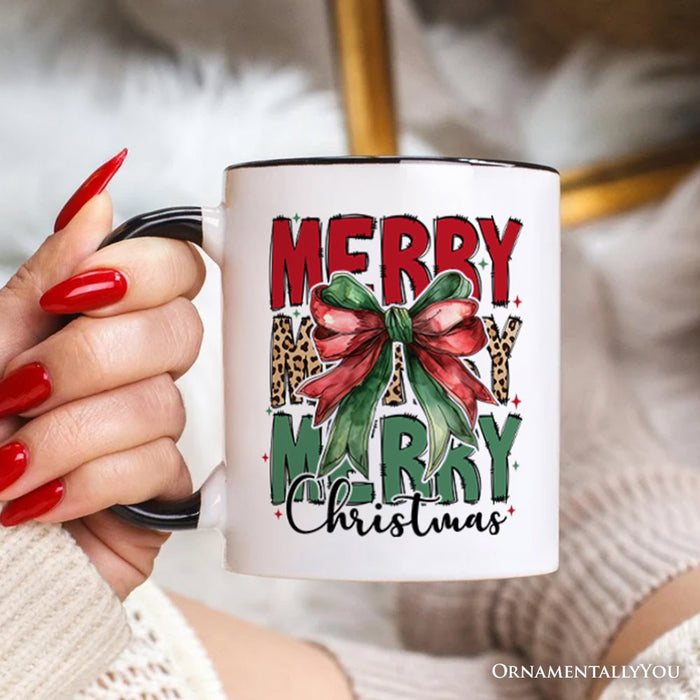Coquette Merry Christmas Bow Personalized Mug, Festive Leopard Holiday Gift with Custom Name Personalized Ceramic Mug OrnamentallyYou