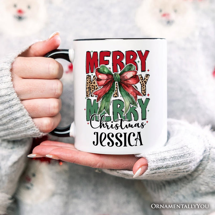 Coquette Merry Christmas Bow Personalized Mug, Festive Leopard Holiday Gift with Custom Name Personalized Ceramic Mug OrnamentallyYou