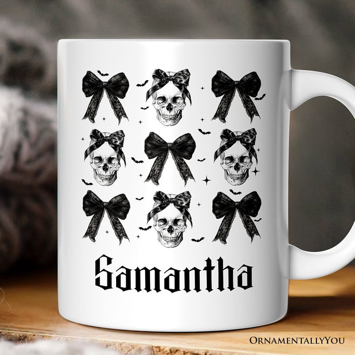 Coquette Skulls and Bows Personalized Mug, Gothic & Stylish Halloween Gift with Custom Name Personalized Ceramic Mug OrnamentallyYou White Customized