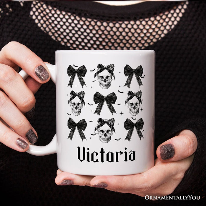 Coquette Skulls and Bows Personalized Mug, Gothic & Stylish Halloween Gift with Custom Name Personalized Ceramic Mug OrnamentallyYou