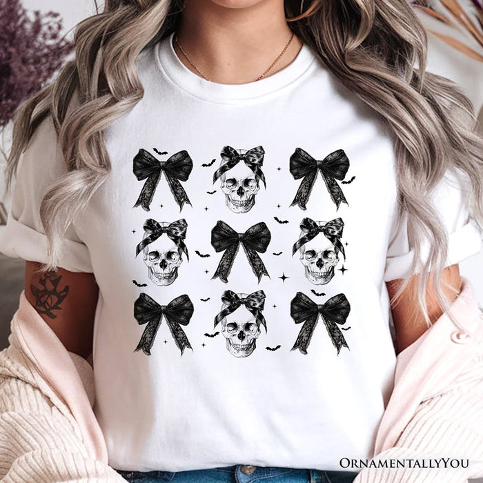 Coquette Skulls and Bows T-Shirt, Gothic Halloween Tee for Stylish Women T-Shirts OrnamentallyYou