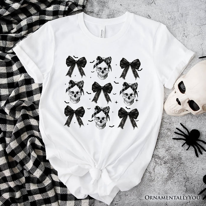 Coquette Skulls and Bows T-Shirt, Gothic Halloween Tee for Stylish Women T-Shirts OrnamentallyYou White XS