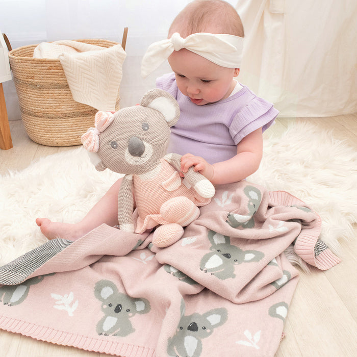 Cotton Knit Australiana Baby Blanket - Blush Koala