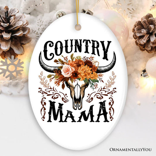 Country Mama Floral Vintage Ornament, Western Buffalo Skull Christmas Gift for Moms Personalized Ceramic Mug OrnamentallyYou