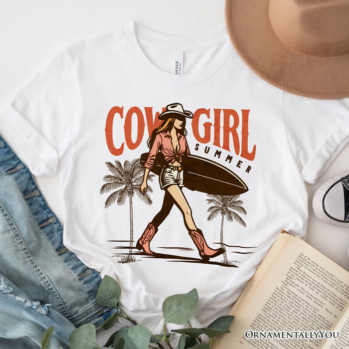 Cowgirl Summer Surf T-Shirt, Retro Western Beach White and Natural Tee for Free-Spirited Women T-Shirts OrnamentallyYou White XS