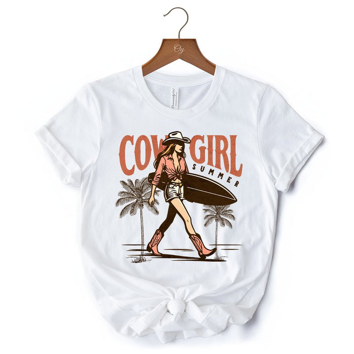 Cowgirl Summer Surf T-Shirt, Retro Western Beach White and Natural Tee for Free-Spirited Women T-Shirts OrnamentallyYou