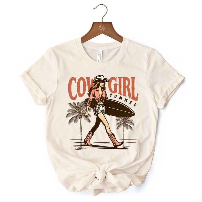 Cowgirl Summer Surf T-Shirt, Retro Western Beach White and Natural Tee for Free-Spirited Women T-Shirts OrnamentallyYou