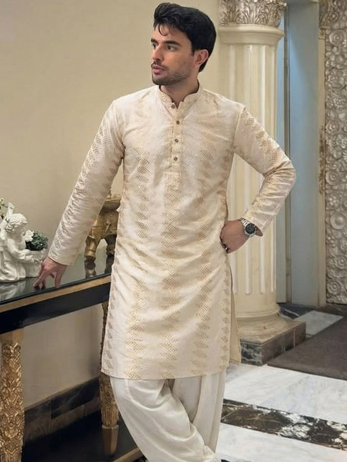Cream Art Silk Geometric Textured Long Kurta