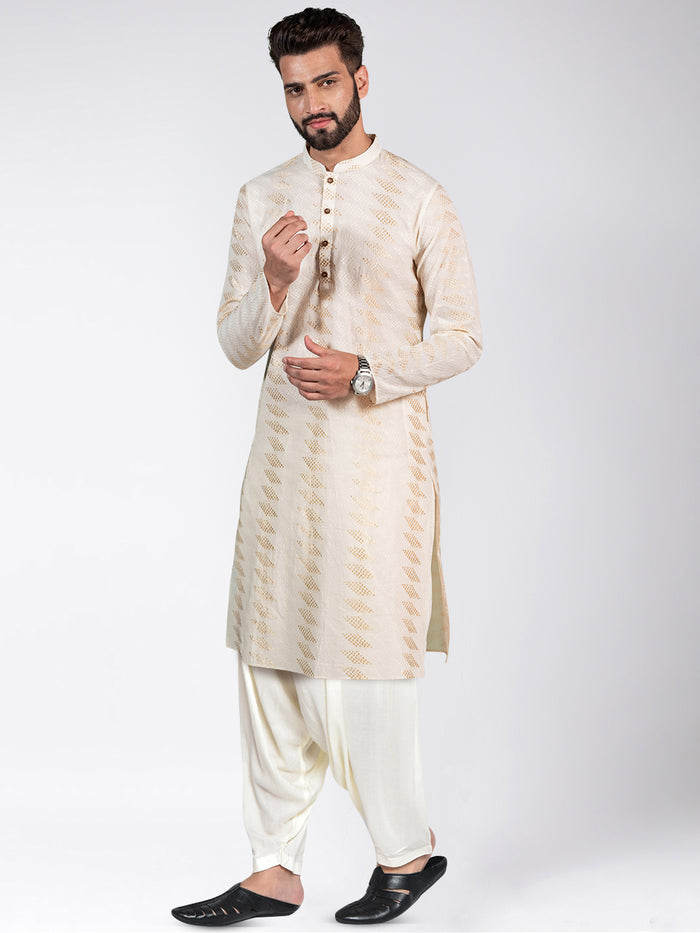 Cream Art Silk Geometric Textured Long Kurta