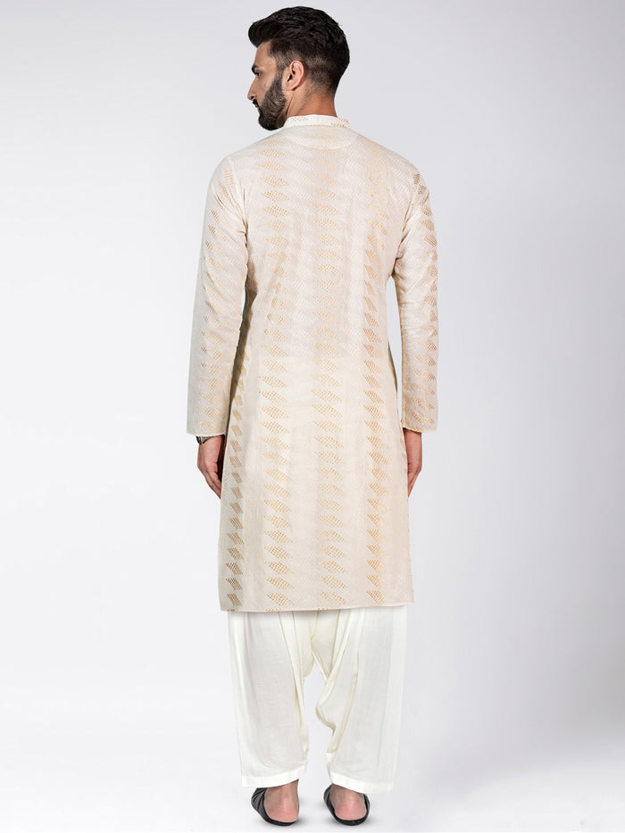 Cream Art Silk Geometric Textured Long Kurta
