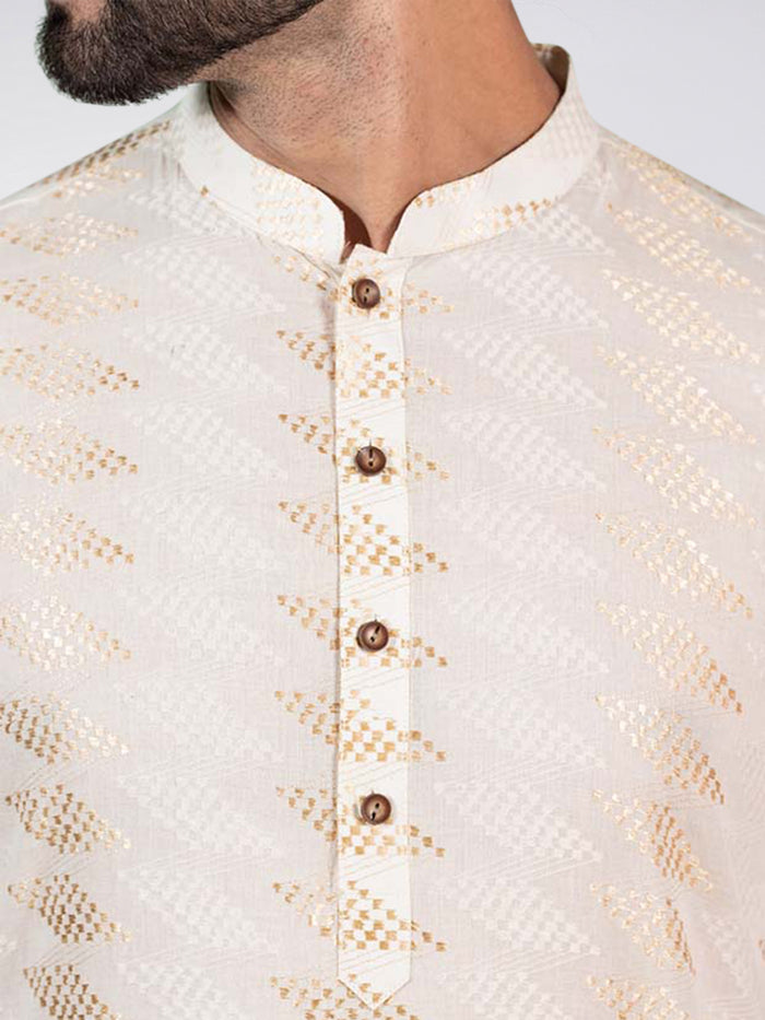 Cream Art Silk Geometric Textured Long Kurta