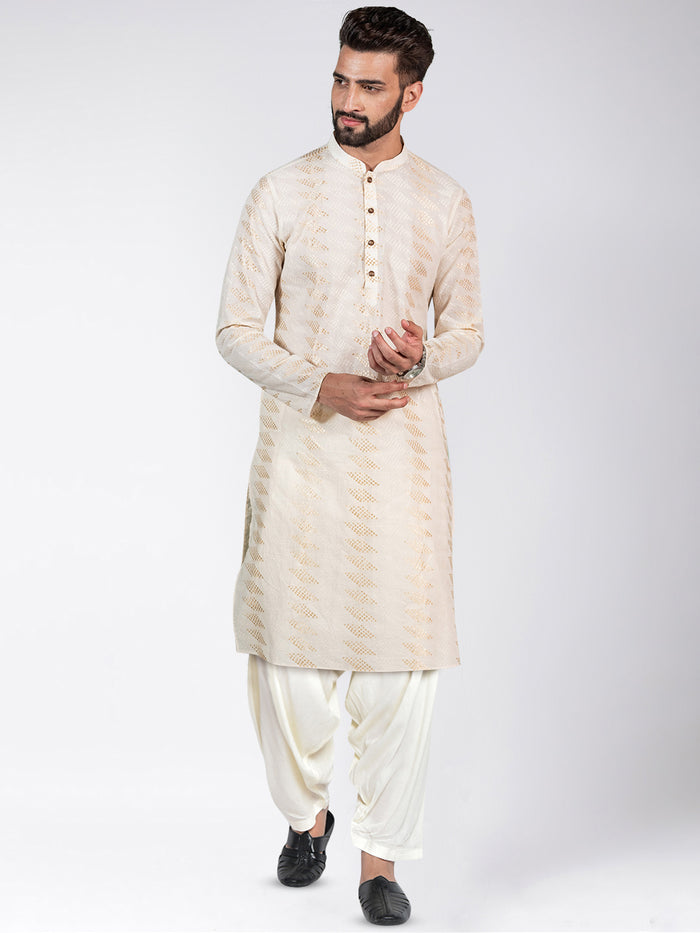 Cream Art Silk Geometric Textured Long Kurta