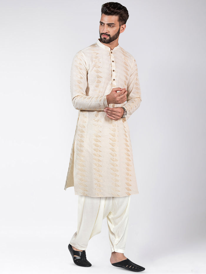 Cream Art Silk Geometric Textured Long Kurta