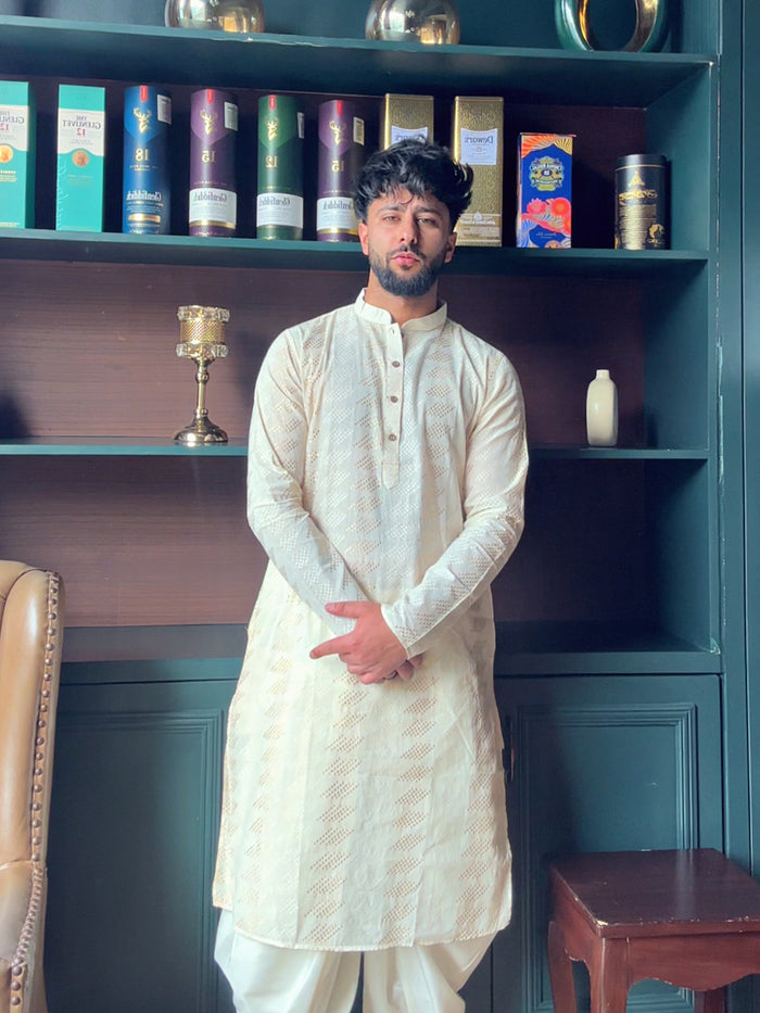 Cream Art Silk Geometric Textured Long Kurta