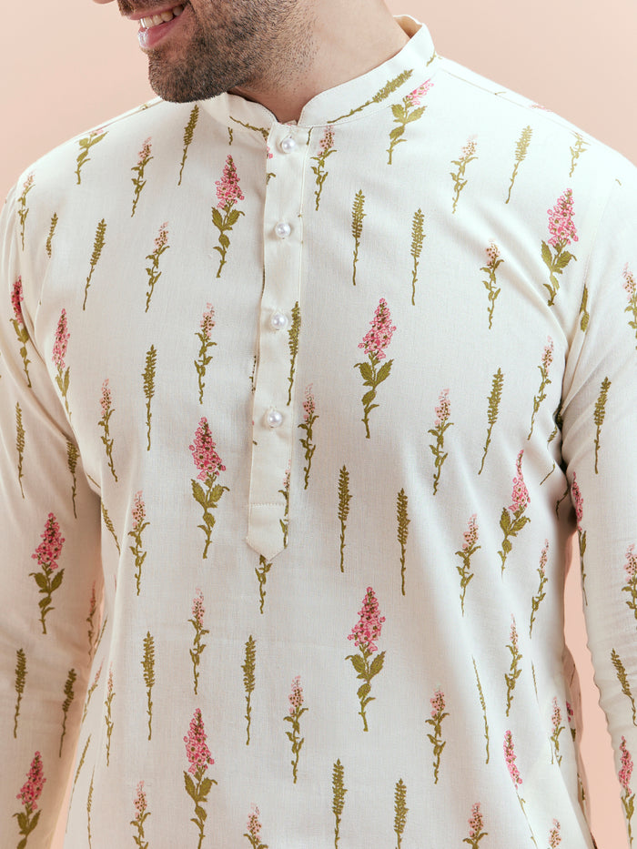 Cream Cotton Floral Printed Kurta