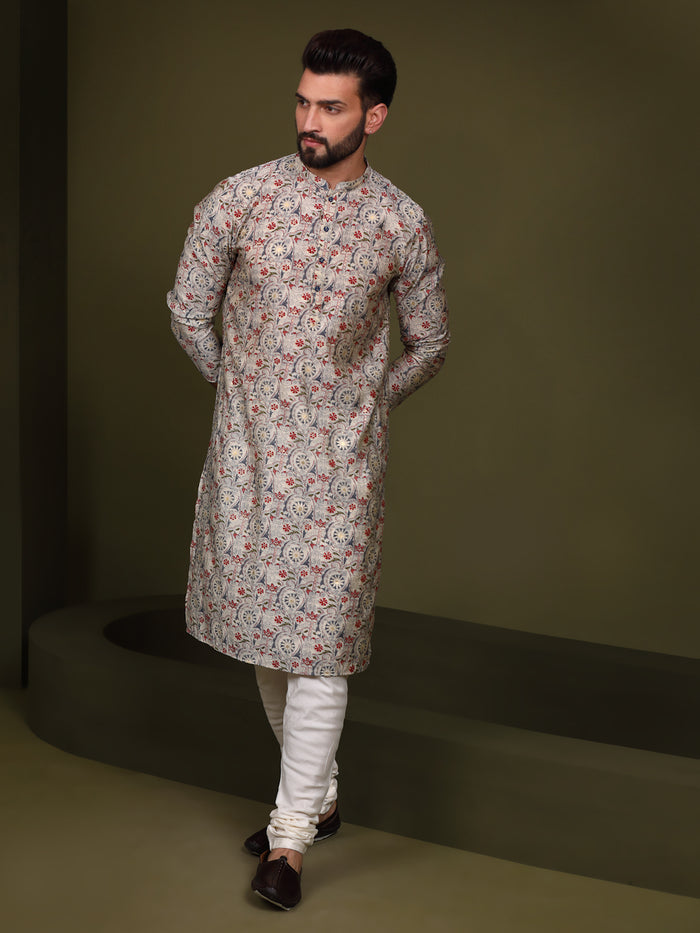 Cream Cotton Printed Kurta Churidar Set