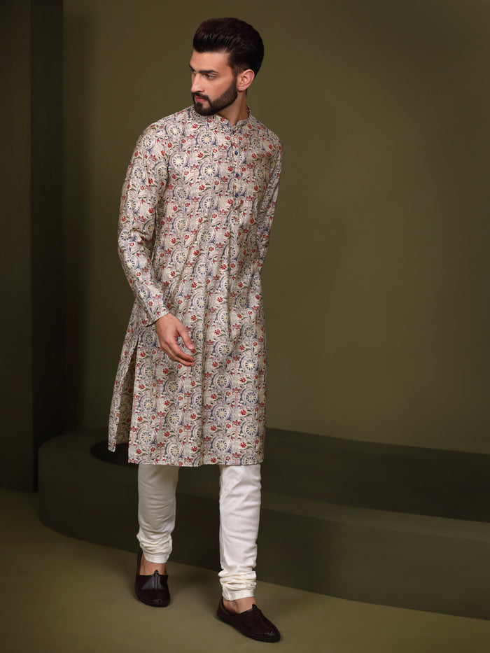 Cream Cotton Printed Kurta Churidar Set