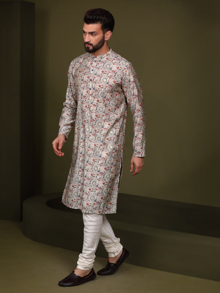 Cream Cotton Printed Kurta Churidar Set