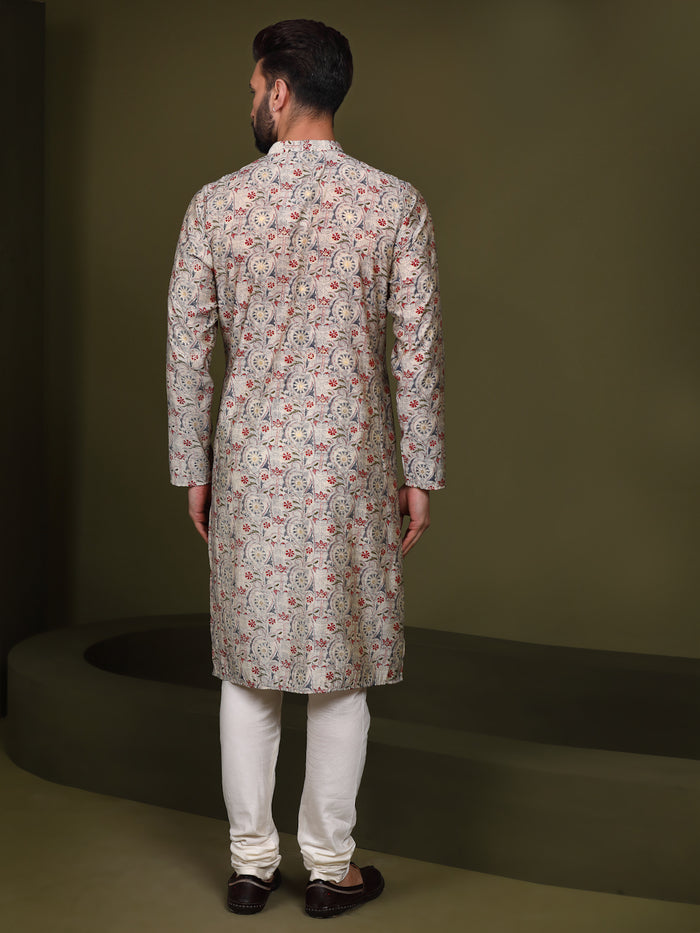 Cream Cotton Printed Kurta Churidar Set