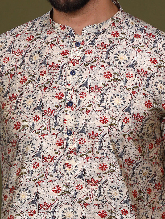 Cream Cotton Printed Kurta Churidar Set
