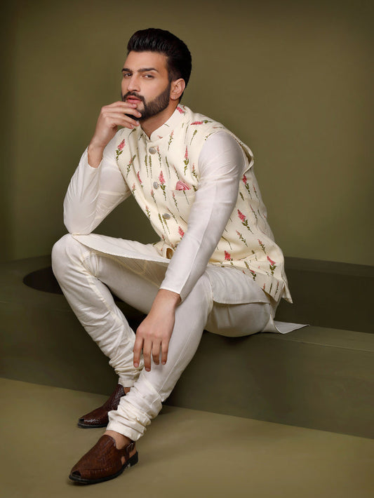 Cream Floral Printed Nehru Jacket Kurta Churidar