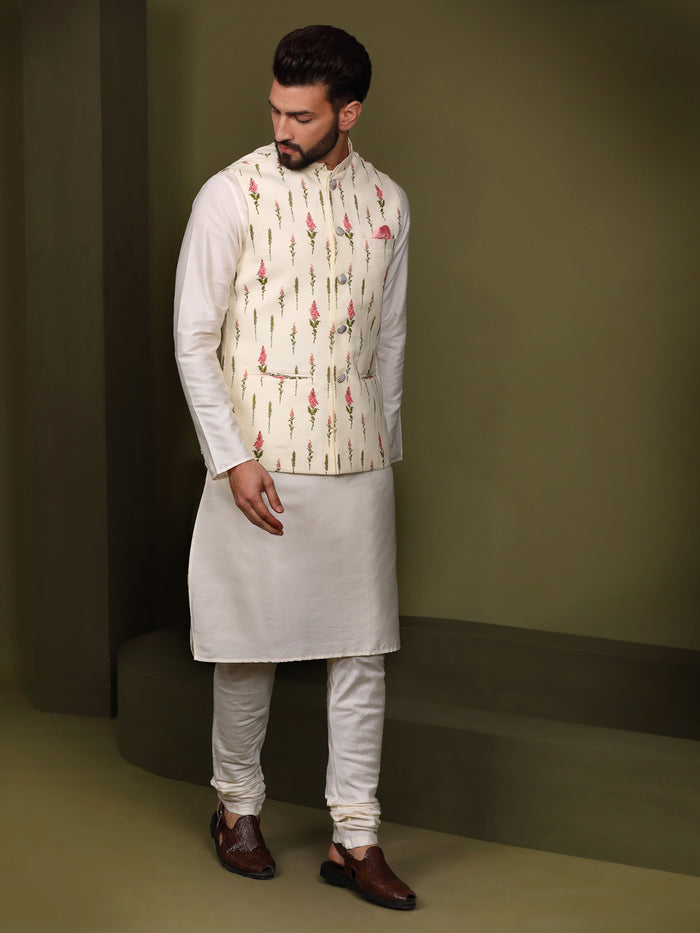 Cream Floral Printed Nehru Jacket Kurta Churidar