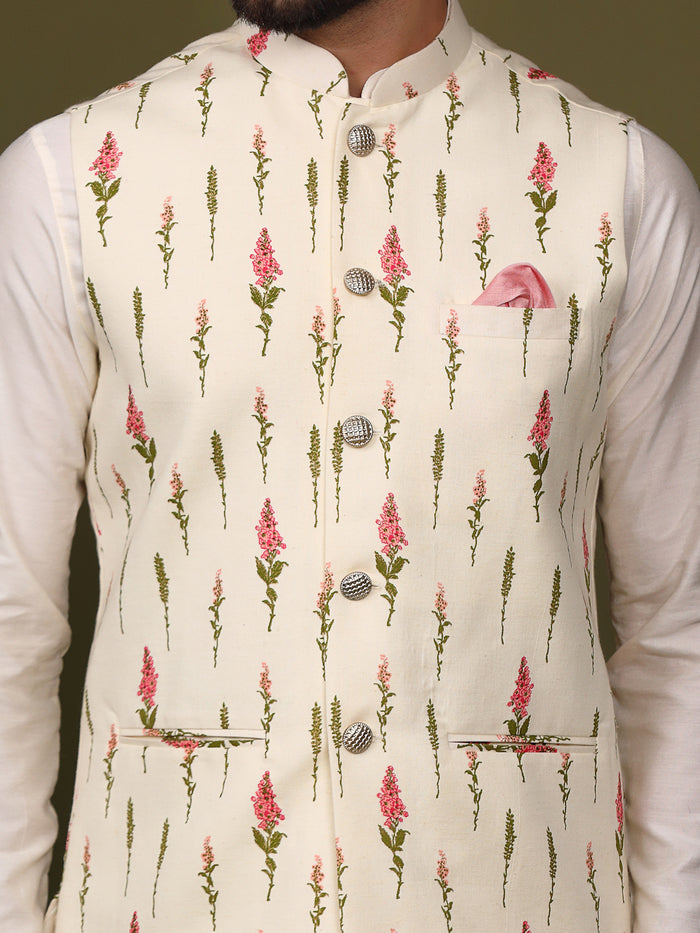 Cream Floral Printed Nehru Jacket Kurta Churidar