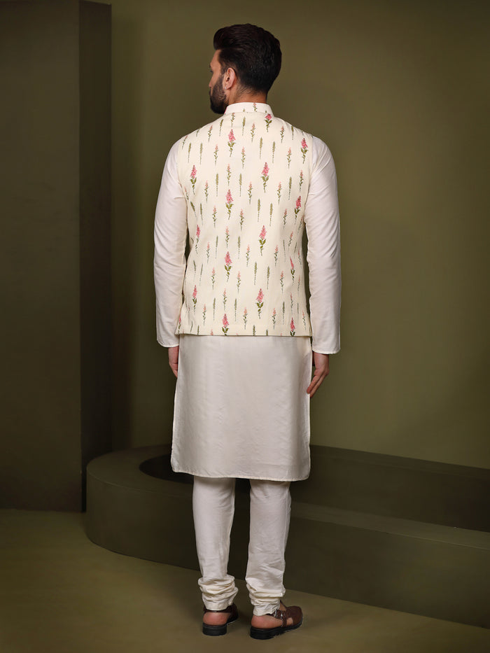 Cream Floral Printed Nehru Jacket Kurta Churidar