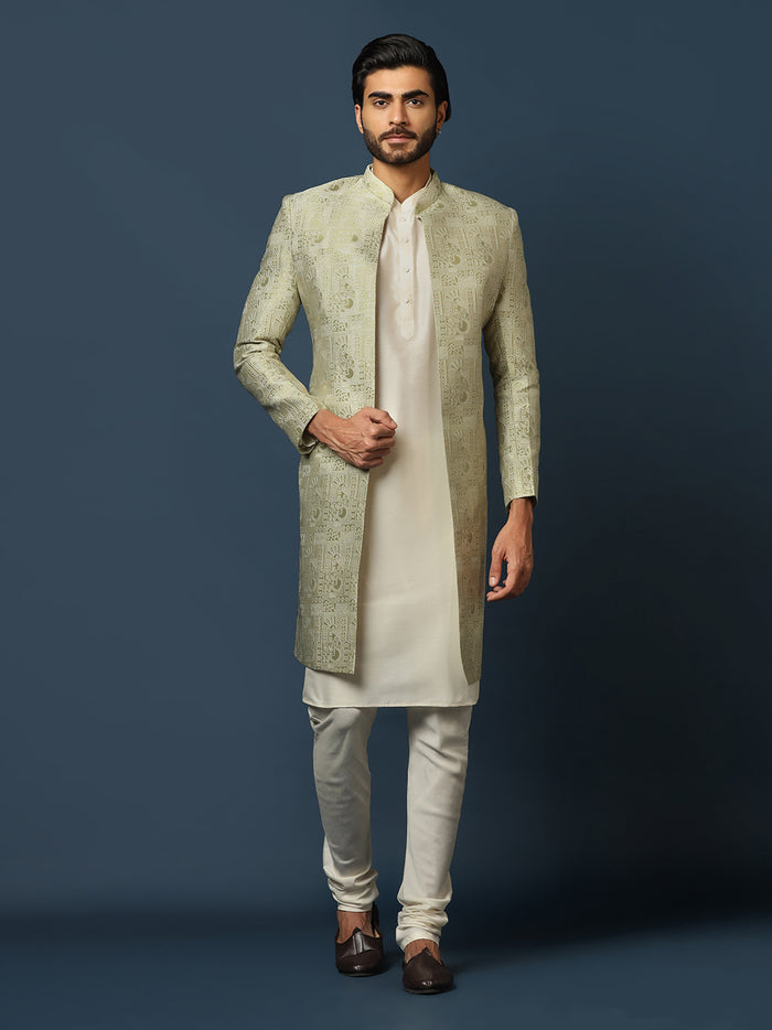 Cream Indo-Western Sherwani Set with Jacquard Jacket and Churidar