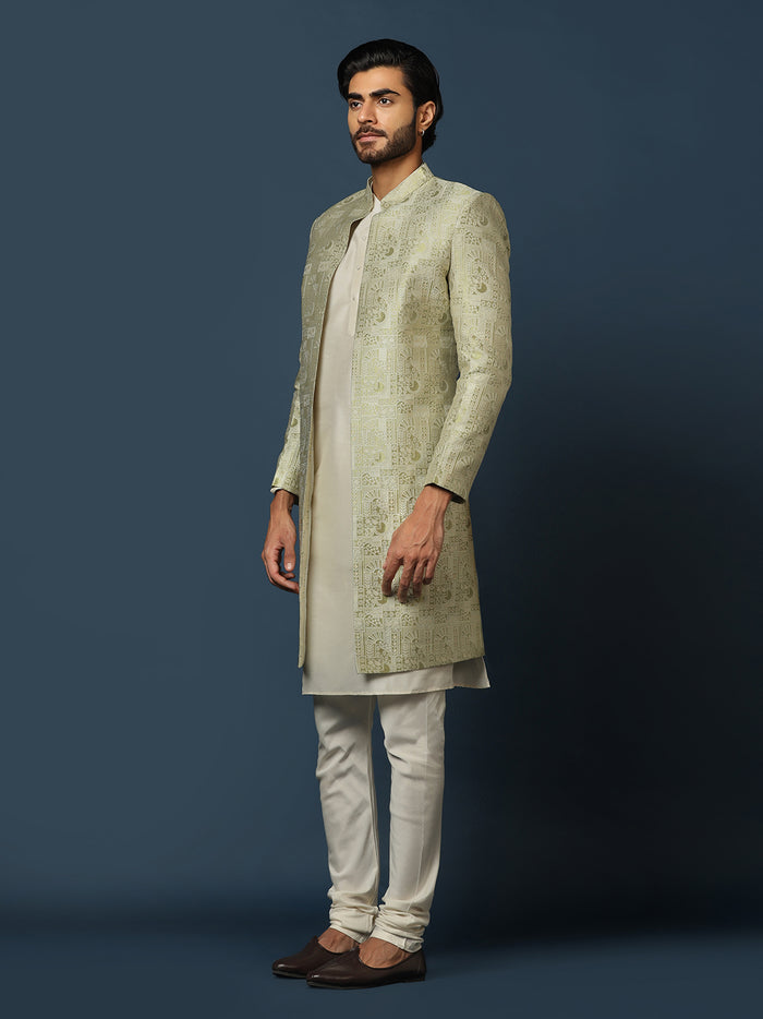Cream Indo-Western Sherwani Set with Jacquard Jacket and Churidar