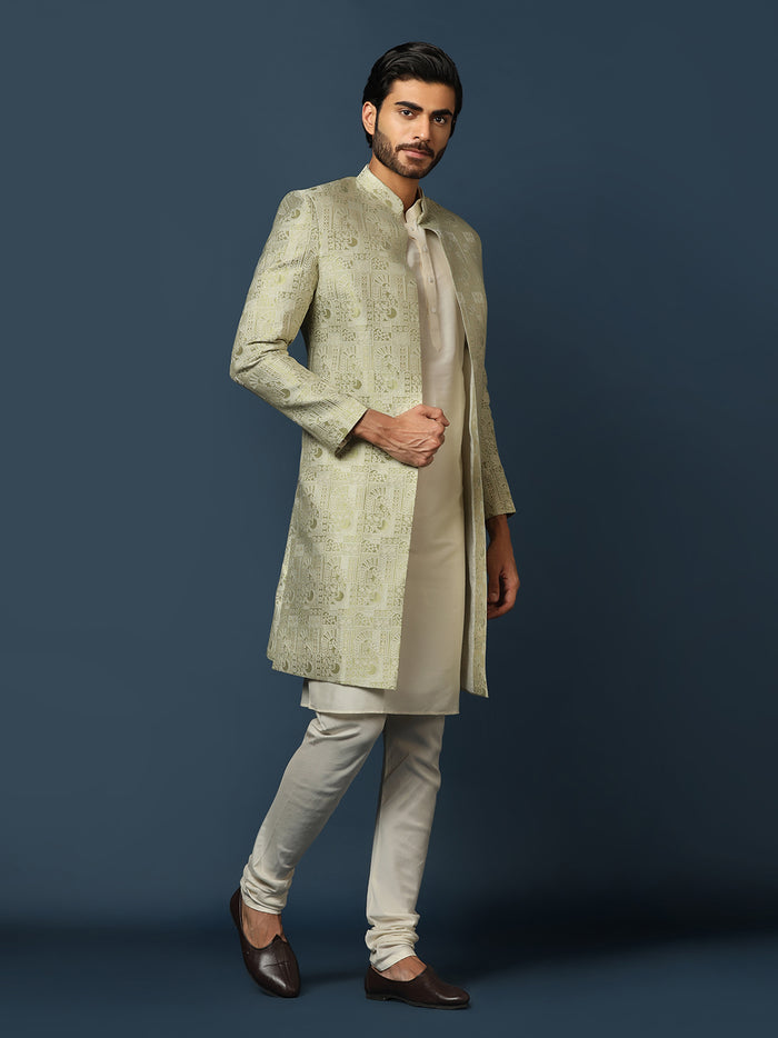 Cream Indo-Western Sherwani Set with Jacquard Jacket and Churidar