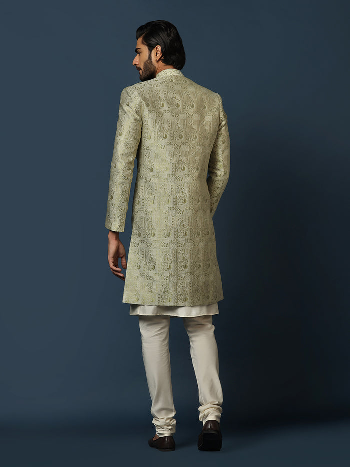 Cream Indo-Western Sherwani Set with Jacquard Jacket and Churidar