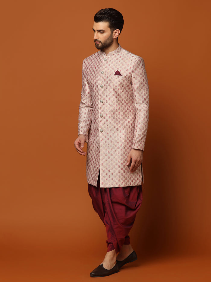 Cream Jacquard Indo-Western Sherwani with Dhoti