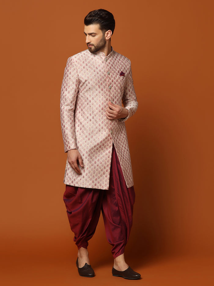 Cream Jacquard Indo-Western Sherwani with Dhoti