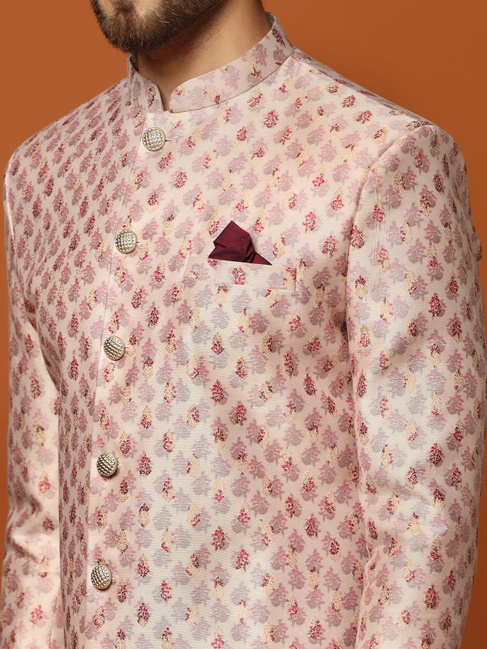 Cream Jacquard Indo-Western Sherwani with Dhoti