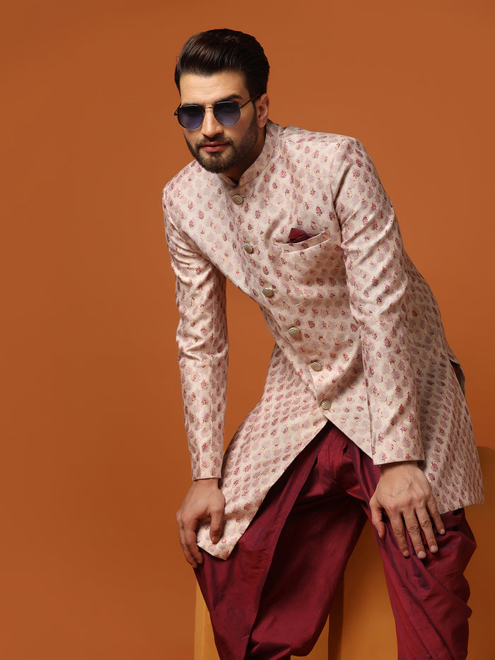 Cream Jacquard Indo-Western Sherwani with Dhoti