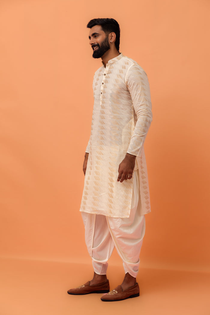 Cream Silk Blend Geometric Pattern Kurta Set