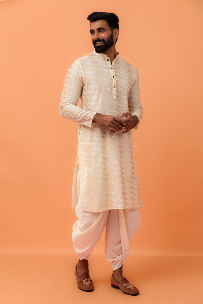 Cream Silk Blend Geometric Pattern Kurta Set