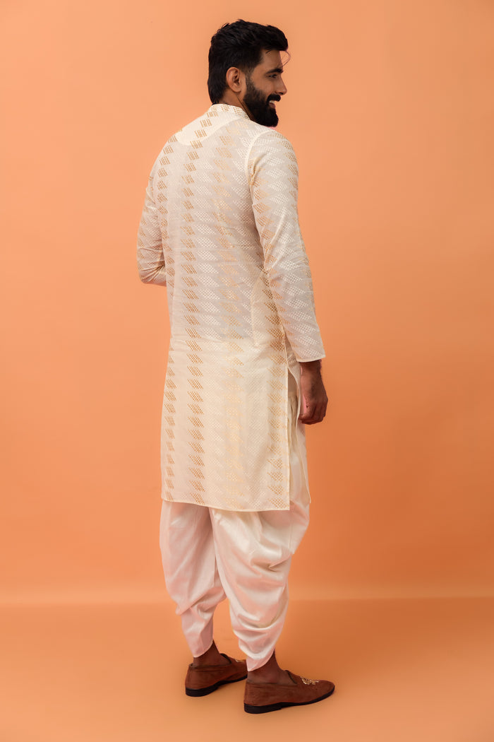 Cream Silk Blend Geometric Pattern Kurta Set