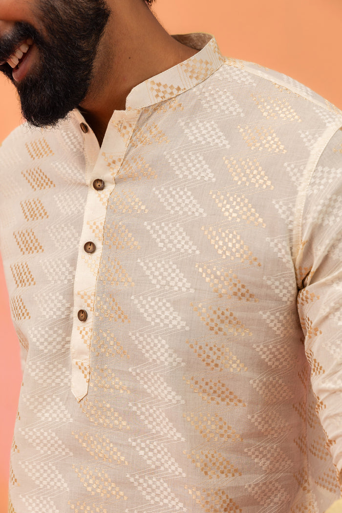 Cream Silk Blend Geometric Pattern Kurta Set