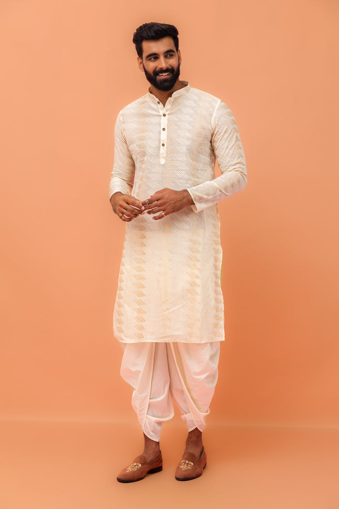 Cream Silk Blend Geometric Pattern Kurta Set