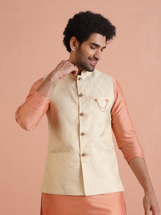 Cream Silk Blend Jacquard Nehru Jacket